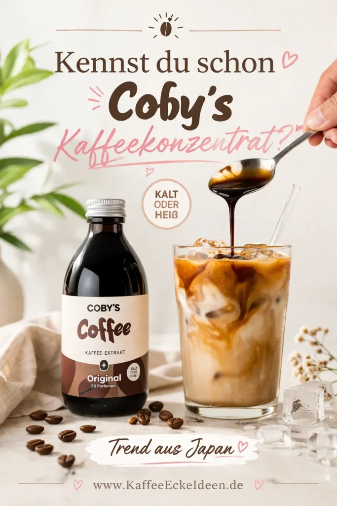 Coby’s Kaffeekonzentrat wird mit einem Löffel in einen cremigen Kokos-Eiskaffee mit Eiswürfeln gegeben.