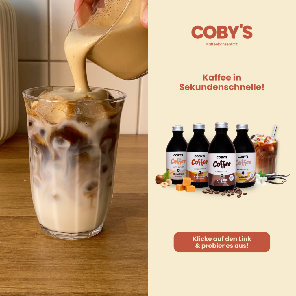 Eiskaffee im Glas. 4 Flaschen Coby´s Coffee in verschiedenen Geschmacksrichtungen, Nuss, Karamell, Vanille und Pur Bohnenkaffee