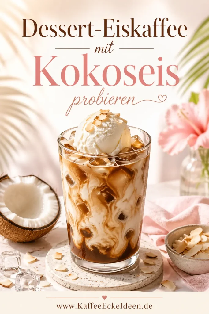 Dessert-Kokos-Eiskaffee mit Vanilleeis, Eiswürfeln und Kokoschips in heller sommerlicher Szene.