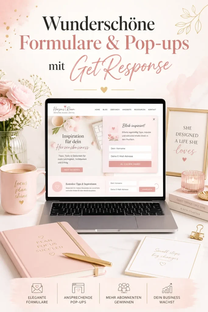 Helle feminine Schreibtischszene mit Laptop, Pop-up Formular und Kaffee für einen Blog über schöne Formulare und GetResponse.