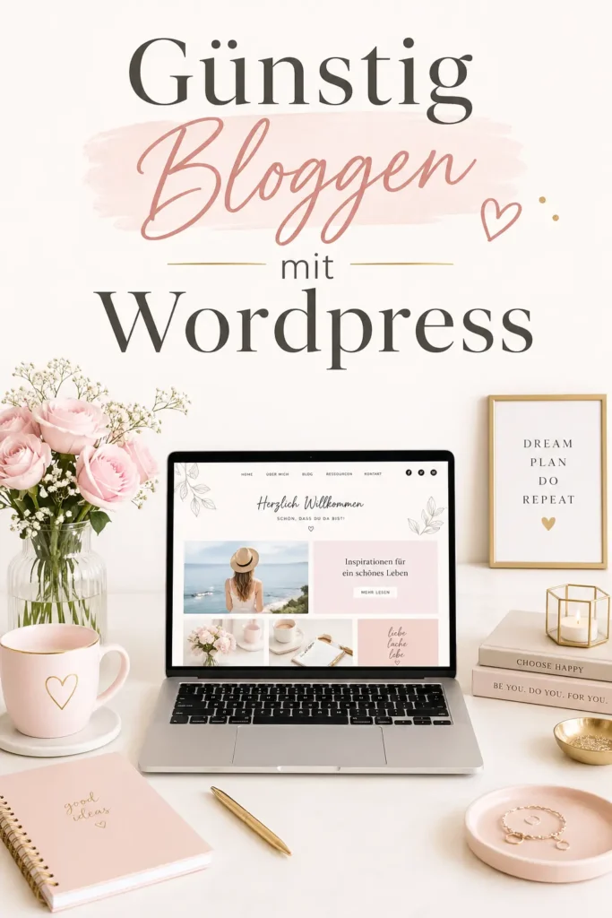 Laptop auf hellem Schreibtisch mit Blumen, Kaffee und Notizbuch als Grafik für einen Blog über günstig bloggen mit WordPress.