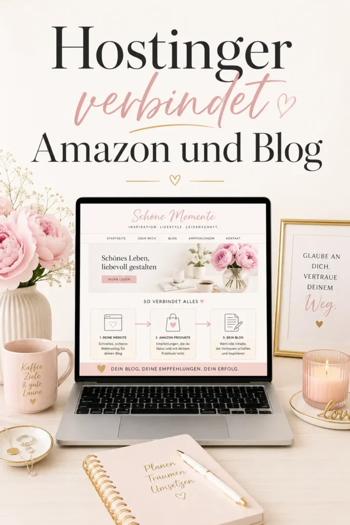 Laptop mit Website-Grafik, Kaffee und rosa Bürodekoration für einen Blog über Hostinger, Amazon und Affiliate-Marketing.