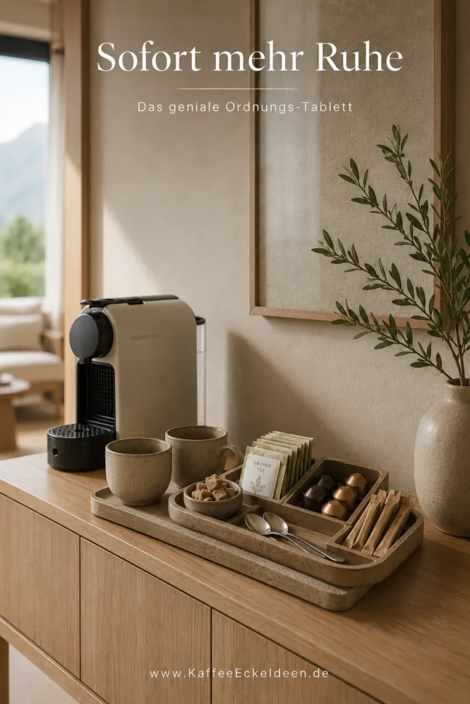 Stilvolle Japandi Kaffee-Ecke mit großem Ordnungstablett, Keramiktassen, Zucker, Tee, Kaffeekapseln und kompakter Kapselmaschine auf einer hellen Holzkommode.