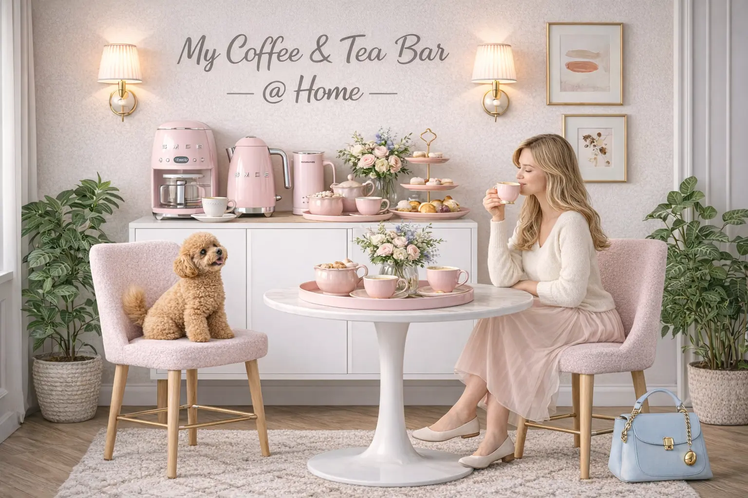 Kaffee-Ecke in Rosa-Pink für zuhause mit Kaffeemaschine, Teebar, Blumen, rundem Tisch und gemütlichen Sesseln