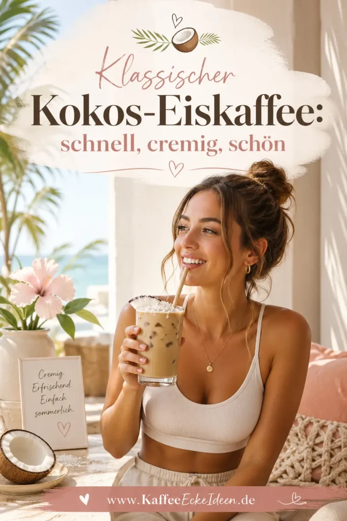 Frau trinkt klassischen Kokos-Eiskaffee in heller Sommerkulisse mit Kokosnuss und Blüten.