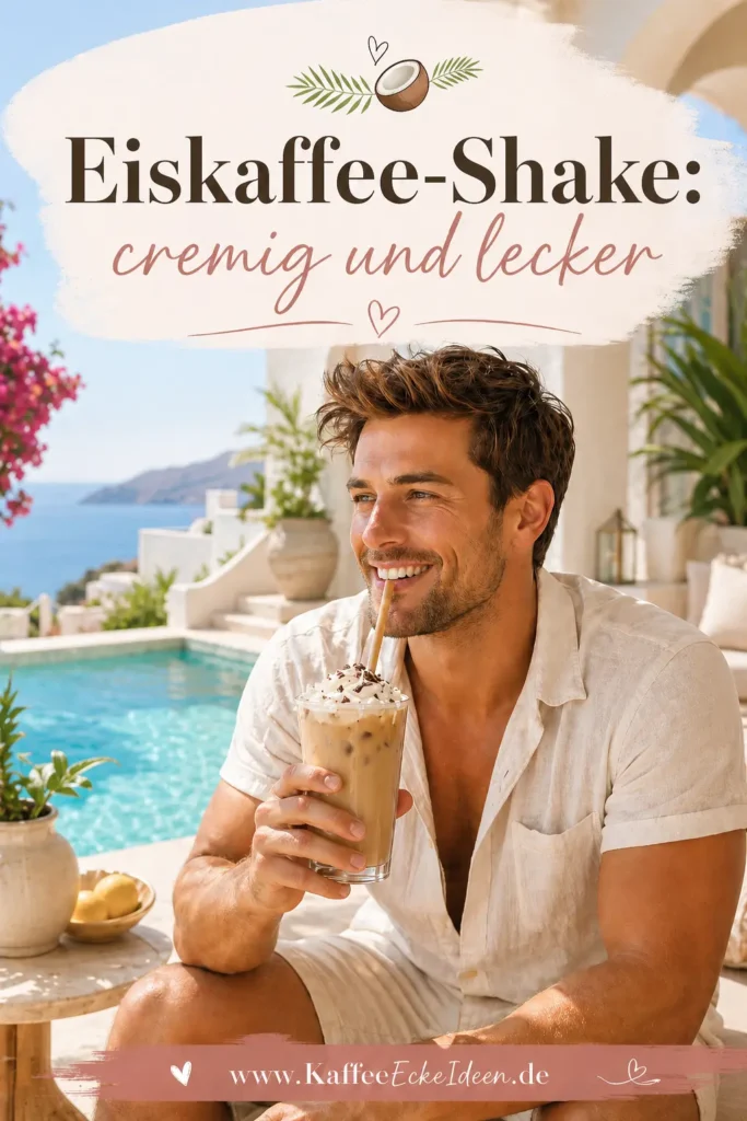 Mann trinkt cremigen Kokos-Eiskaffee-Shake am Pool mit Meerblick und sommerlicher Urlaubsstimmung.