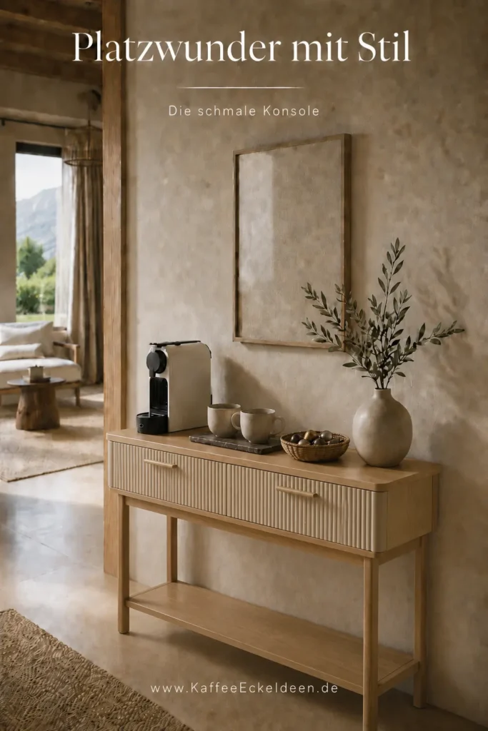 Stillvolle Kaffee-Ecke mit schmalem Wandregal, Keramiktassen, Teedose, Rattanschale für Kaffeekapseln und kompakter Kapselmaschine auf einer Holzkommode.