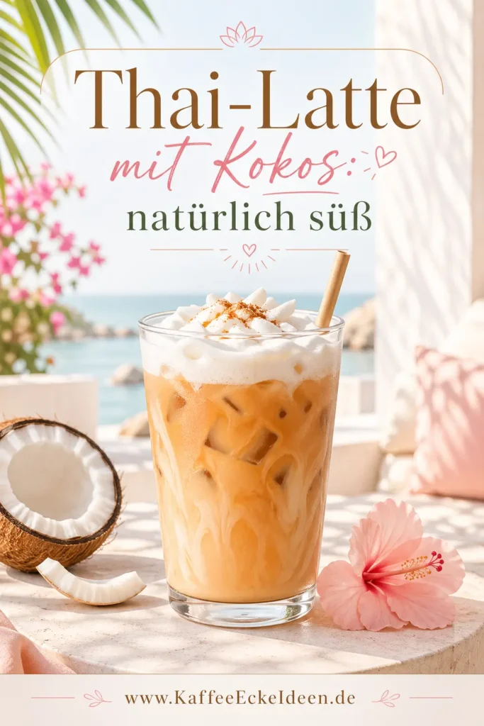 Thai-Latte mit Kokos, Eiswürfeln, Milchschaum und tropischer Sommerdeko vor Meerkulisse.