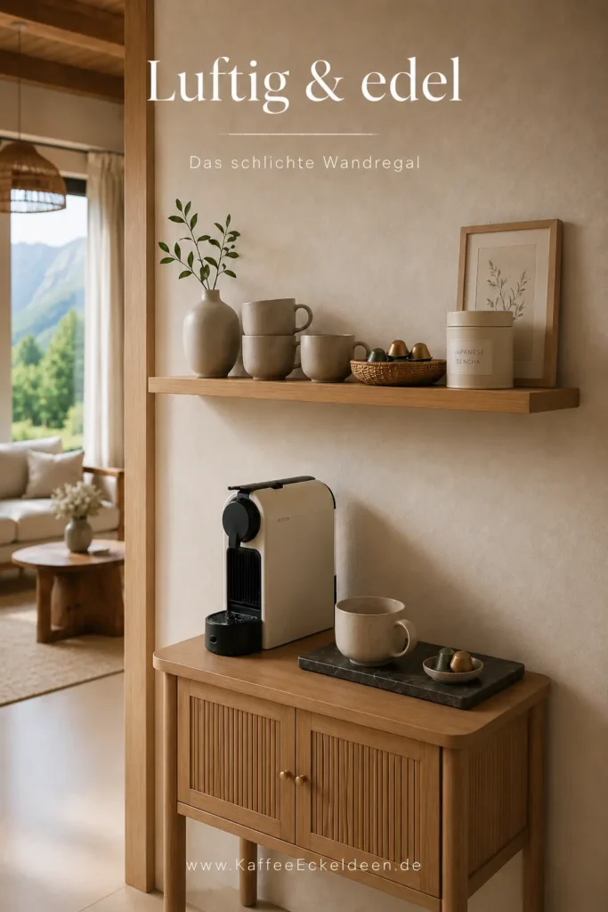 Stillvolle Kaffee-Ecke mit schmalem Wandregal, Keramiktassen, Teedose, Rattanschale für Kaffeekapseln und kompakter Kapselmaschine auf einer Holzkommode.