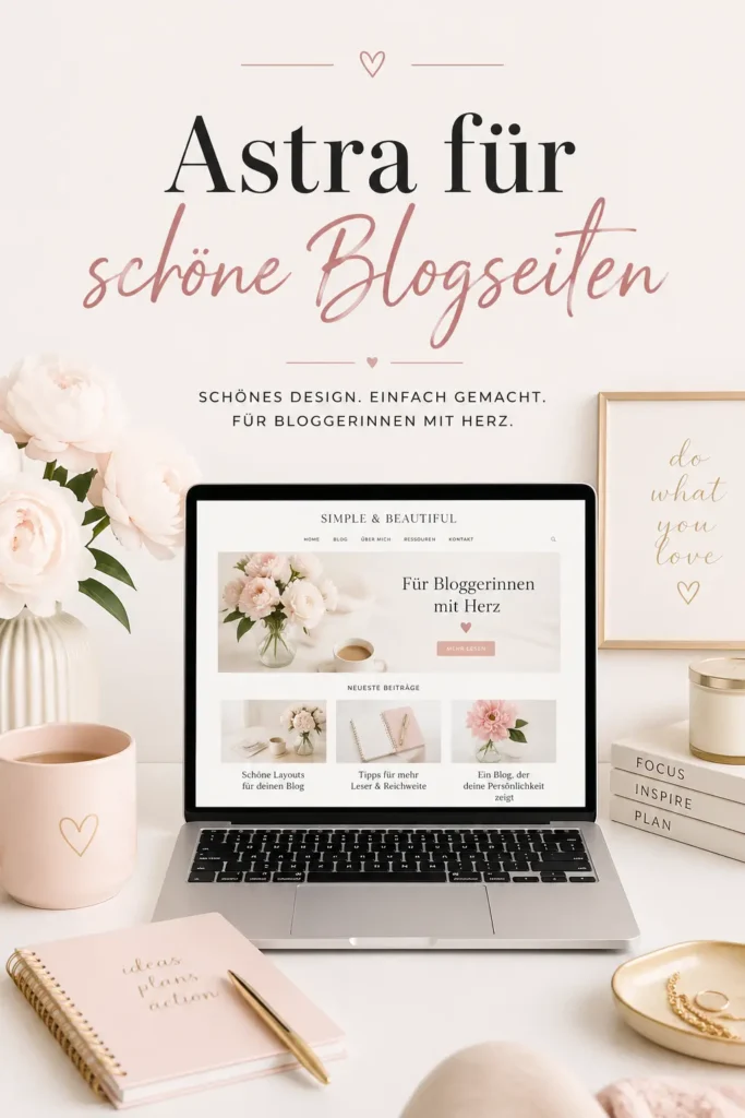 Eleganter Arbeitsplatz mit Laptop, Kaffee und Blumen als Pinterest-Grafik für einen Blog über schöne Blogseiten mit dem WordPress-Theme Astra.