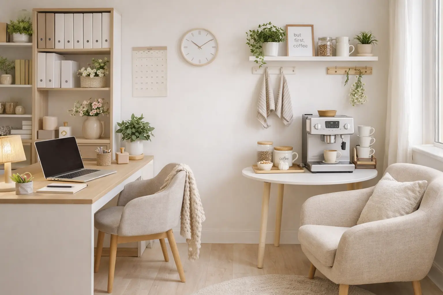 Kaffee-Ecke im Homeoffice mit Espressomaschine, hellem Schreibtisch, gemütlichem Sessel und natürlicher Deko in Beige