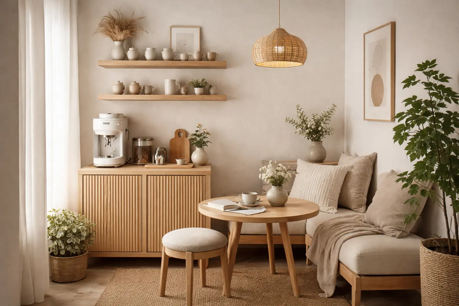 Kaffee-Ecke im Japandi-Stil mit hellem Holz, offener Regalwand, kleiner Sitzecke und ruhiger Naturdeko