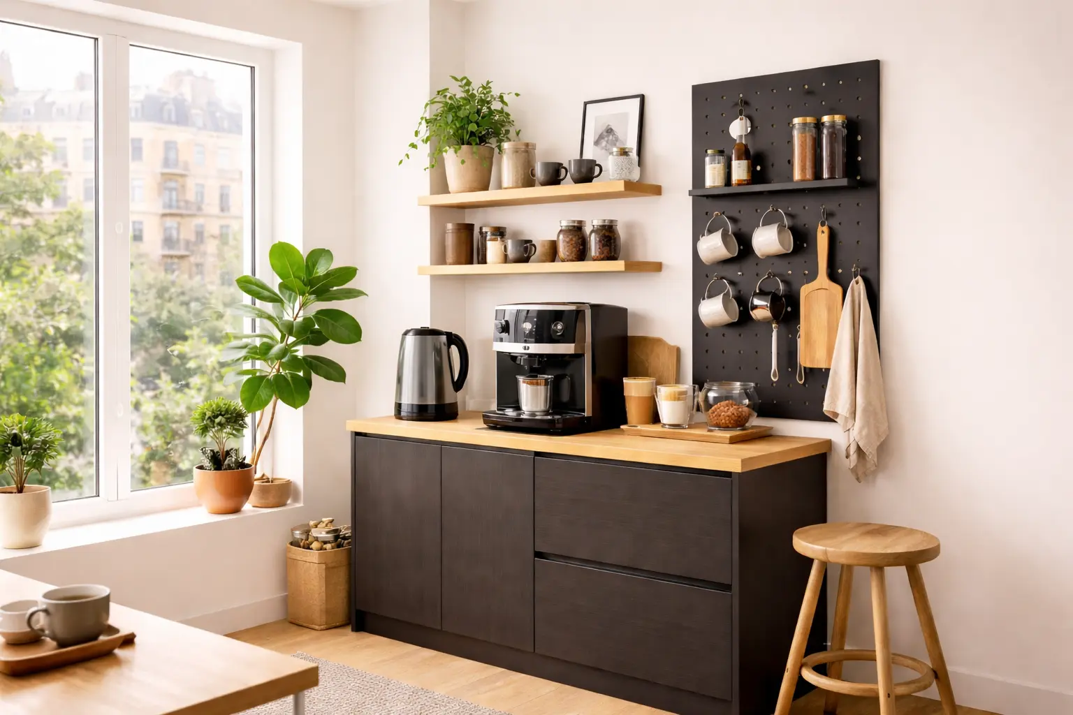 Kaffee-Ecke im modernen City-Apartment-Stil mit dunklem Sideboard, schwarzer Pegboard-Wand und klarer Ordnung