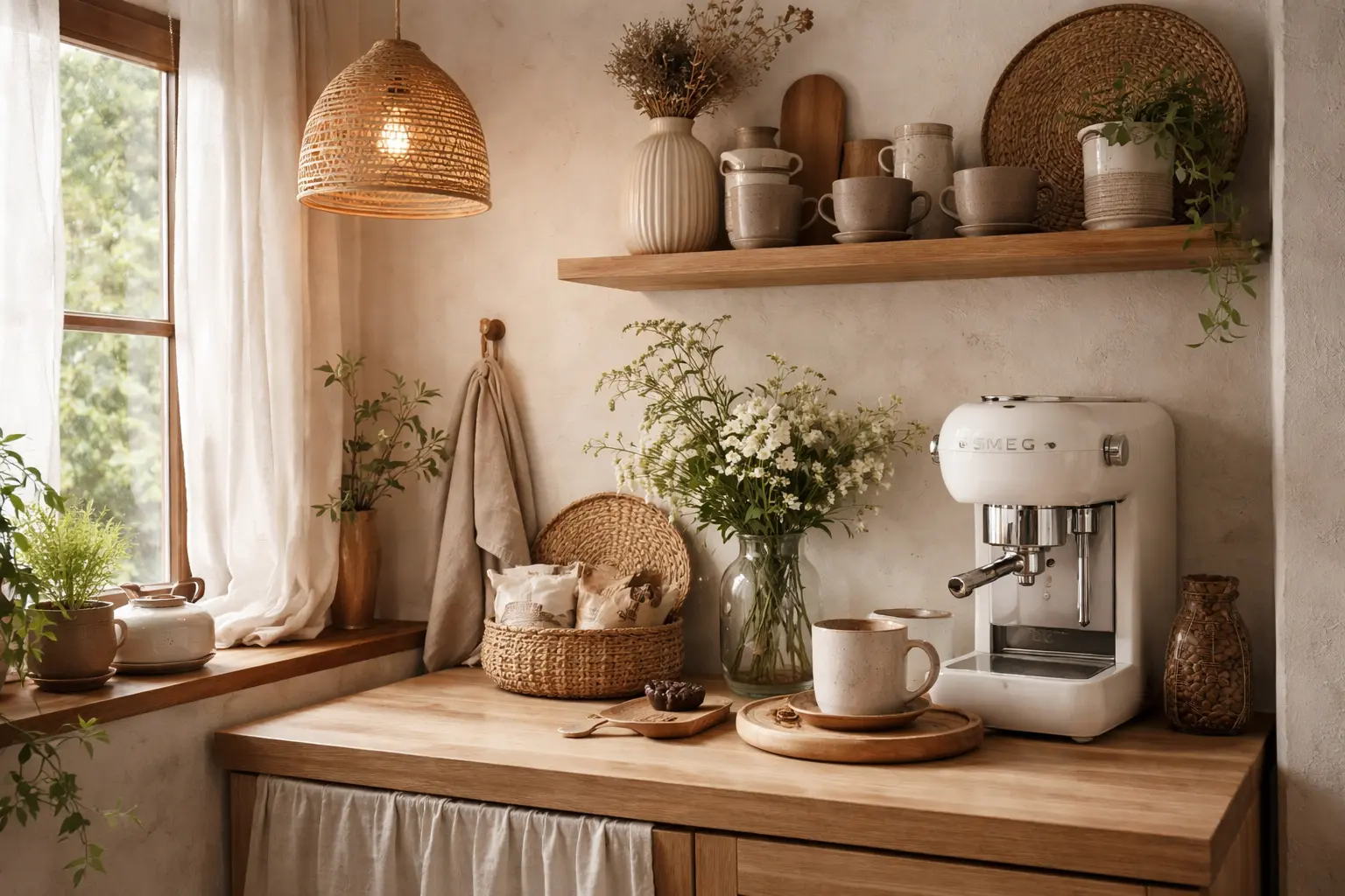 Kaffee-Ecke im Organic-Stil mit weißer Smeg-Kaffeemaschine, Holzarbeitsplatte, Korbdeko und Blumen am Fenster