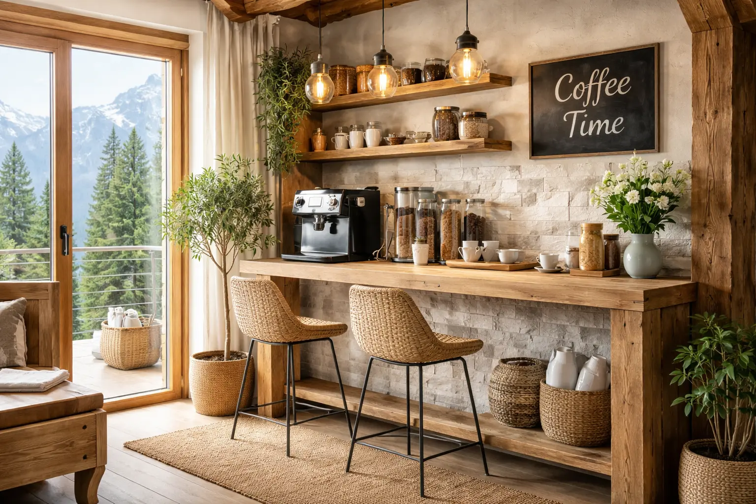Kaffee-Ecke im rustikal-modernen Stil mit Holzbar, offenen Regalen, warmem Licht und Bergblick
