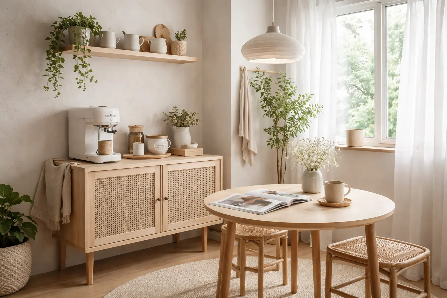 Kaffee-Ecke im hellen Japandi-Stil mit Rattansideboard, rundem Holztisch, sanften Naturfarben und viel Tageslicht