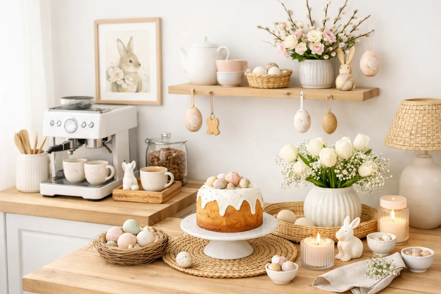 Helle Kaffee-Ecke zu Ostern mit Kaffeemaschine, Osterkuchen, weißen Tulpen, Kerzen und natürlicher Deko auf Holzoberfläche