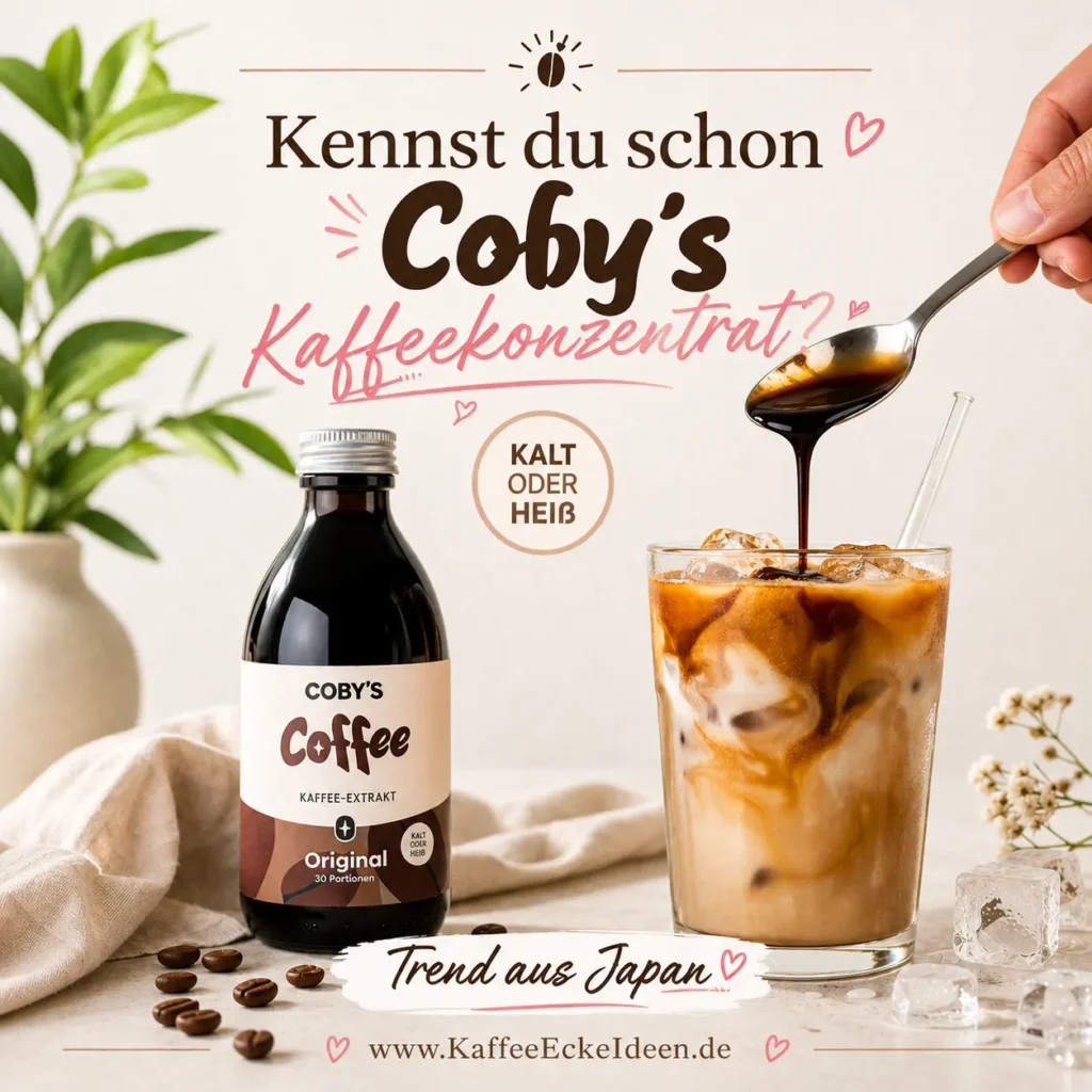 Cobys Kaffeekonzentrat neben einem Glas cremigem Eiskaffee mit Eiswürfeln, während dunkler Kaffee aus einem Löffel eingegossen wird.