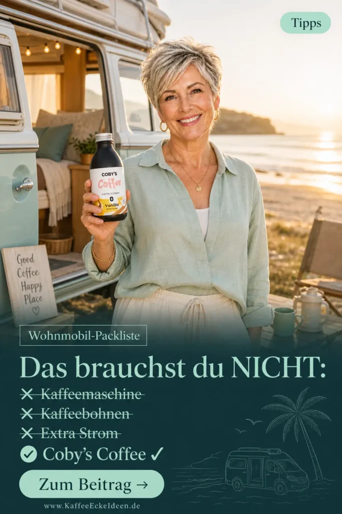 Stilvolle Frau über 50 steht lächelnd vor einem Wohnmobil am Strand und hält eine Flasche Coby’s Coffee Kaffee-Extrakt in der Hand.