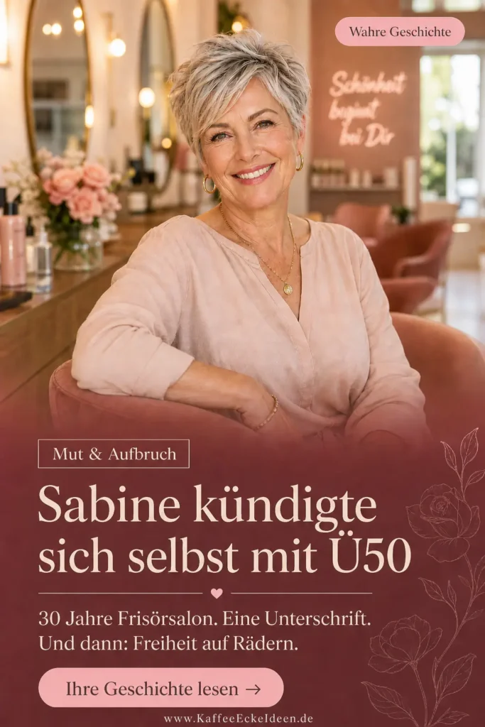 Frau über 50 mit modernem Kurzhaarschnitt sitzt lächelnd in einem hellen Friseursalon mit roséfarbenem Text-Overlay zur Geschichte von Sabine.