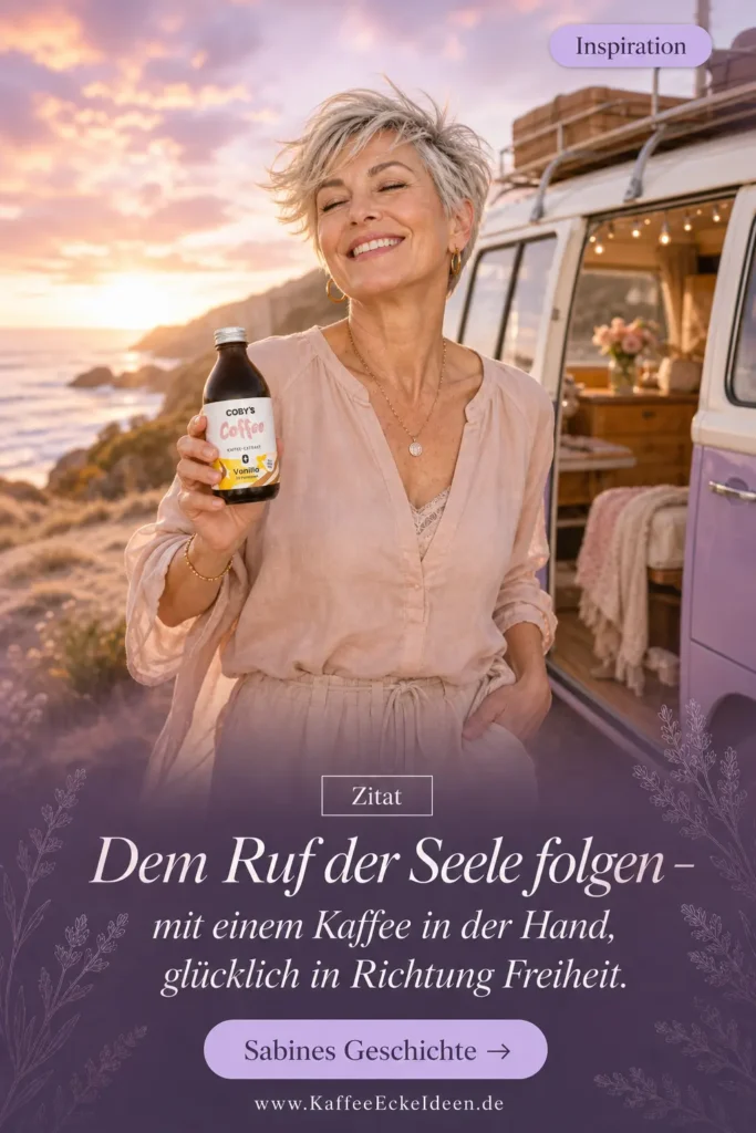 Glückliche Frau über 50 genießt den Sonnenuntergang vor einem Camper Van und hält eine Coby’s Coffee Flasche in der Hand.